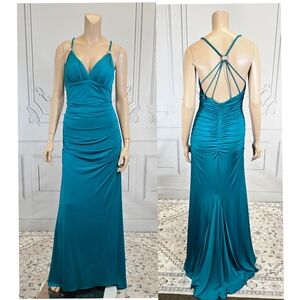 Betsy & Adam 00s Y2K Turquoise Blue Strappy Fishtail Party Prom Dress sz 10